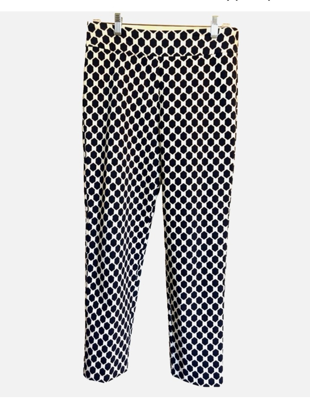 Krazy Larry Pull On Ankle Pants Size 10 Navy White Geometric Tummy Control
